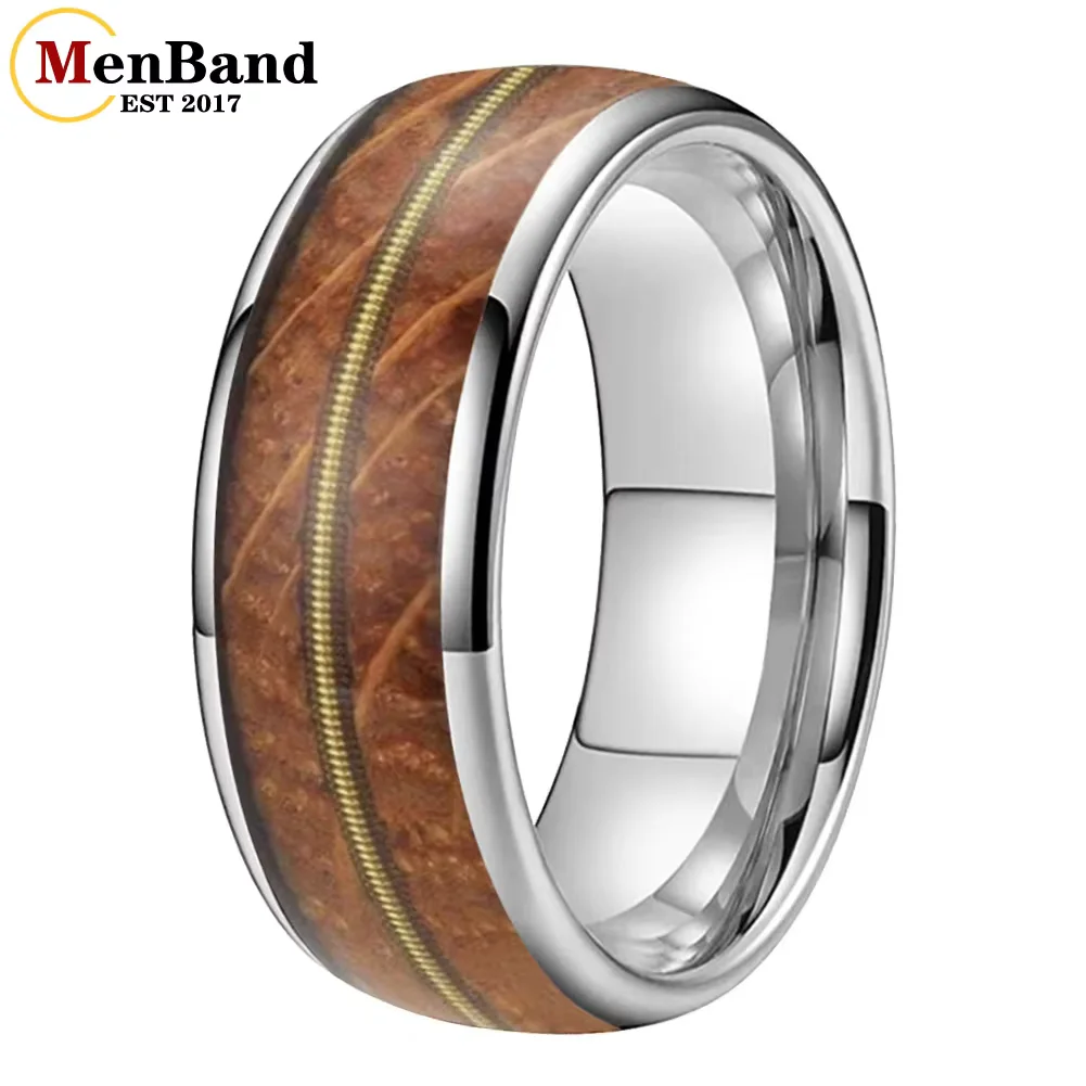 

Мужское и женское обручальное кольцо из карбида вольфрама 8 мм с инкрустацией из гитарной струны и дубовой бочки, полированное, комфортная посадка