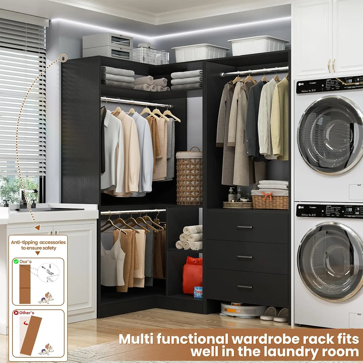 Closet System with 3 Drawers, 2 Hanging Rods & Corner Tower, Corner Closet System with Hanging, L-Shaped Walk-In Wardrobe Organi