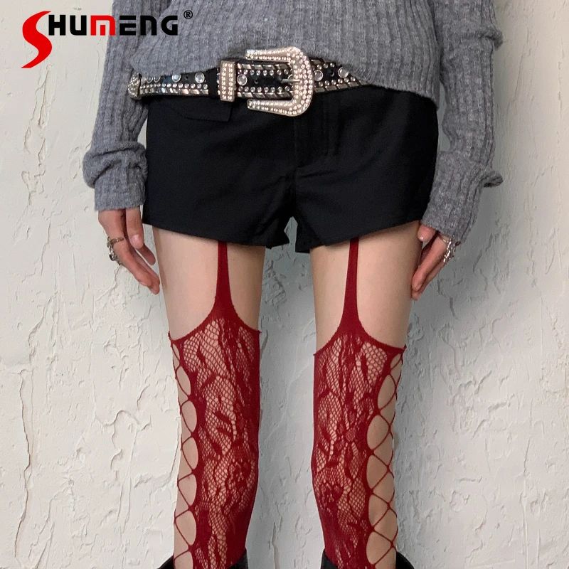 Y2K Subculture Japanese Lolita Style Pantyhose Wine Red Camisole Floral Fishnet Hollow Out Leggings Hot Girl Sexy Women's Socks