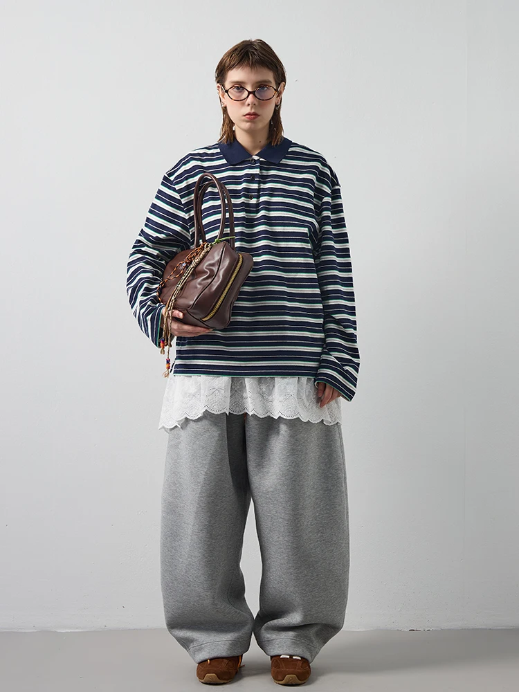 

IAMFF Miu Retro Stripes Ne Long Sve T-irt Women Winter Inner Wear Layered Top Cotton Spandex Blend Regular Fit