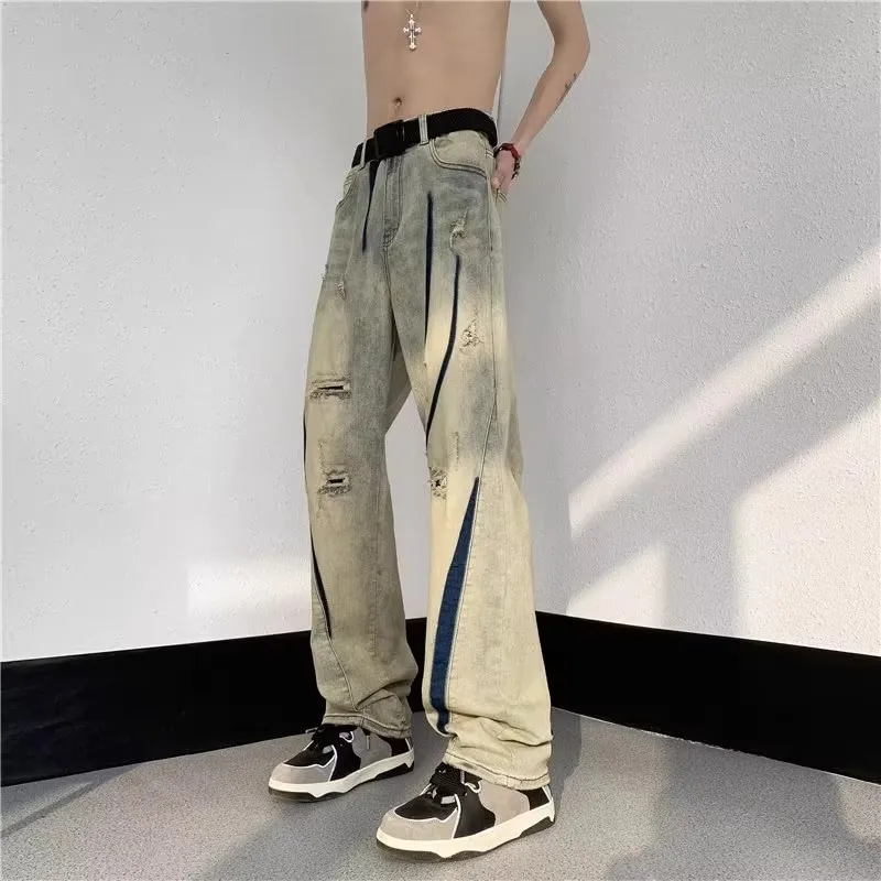 

American High Street Yellow Mud Hole Worn Straight Leg Jeans Men Women Loose Wa Slim Wide Leg Pants Spring Autumn