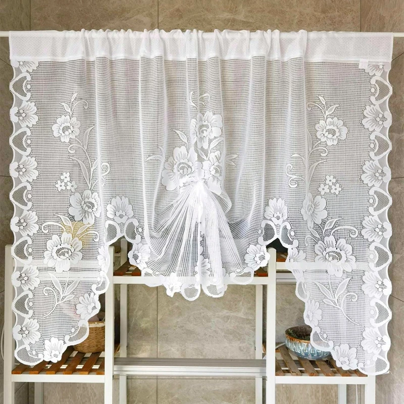 American Pastoral White Lace Balloon Curtain Lifting Tie-Up Roman Tulle Curtain Valance For Room Kitchen Door Partition Decor