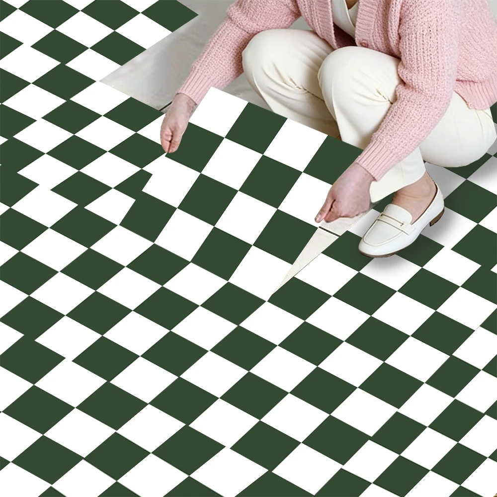 10 Peças de Azulejos de Piso Autoadesivos em Verde e Branco com Estampa de Tabuleiro de Xadrez, 30x30cm, Extra Grossos, Adesivos de PVC Impermeáveis