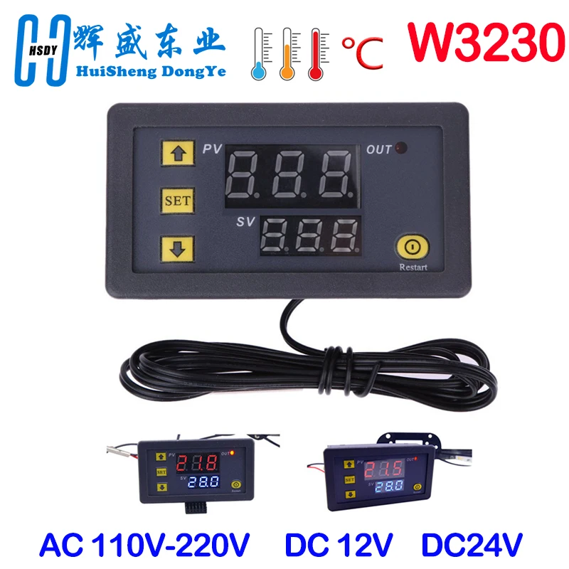 W3230 DC 12V 24V AC110-220V Probe Line Digital Temperature Control LED Thermostat Regulator Heat/Cooling Control Thermoregulator