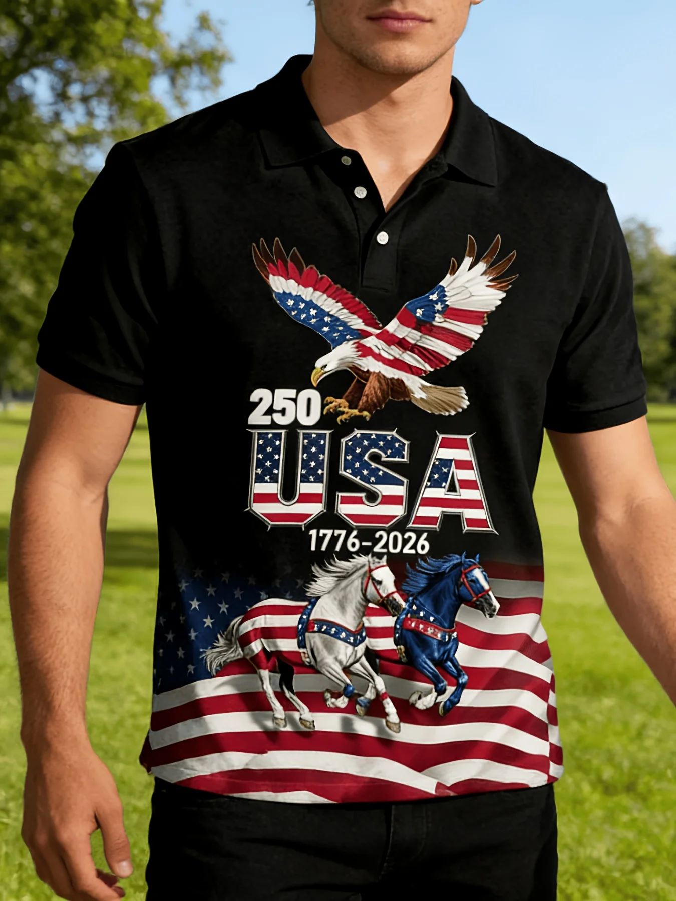 

Men's USA 250th Anniversary Polo Shirt 3D Print Bald Eagle Patriotic Horses USA Flag Short Sleeve Top 2026