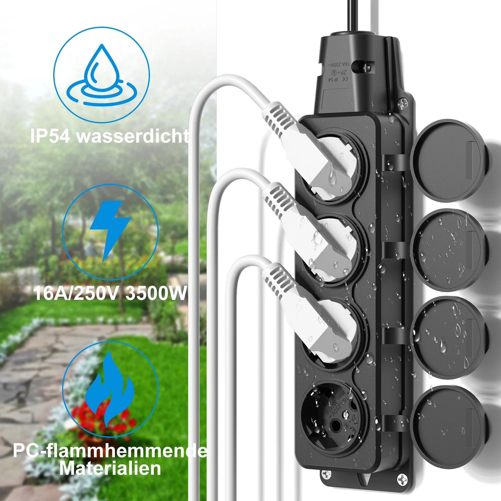 2pcs EU Outdoor Socket Waterproof Industry Power Socket with Rain Cover, 3/4-Way Outlet Power Strip IP54 for Garden Outdoor