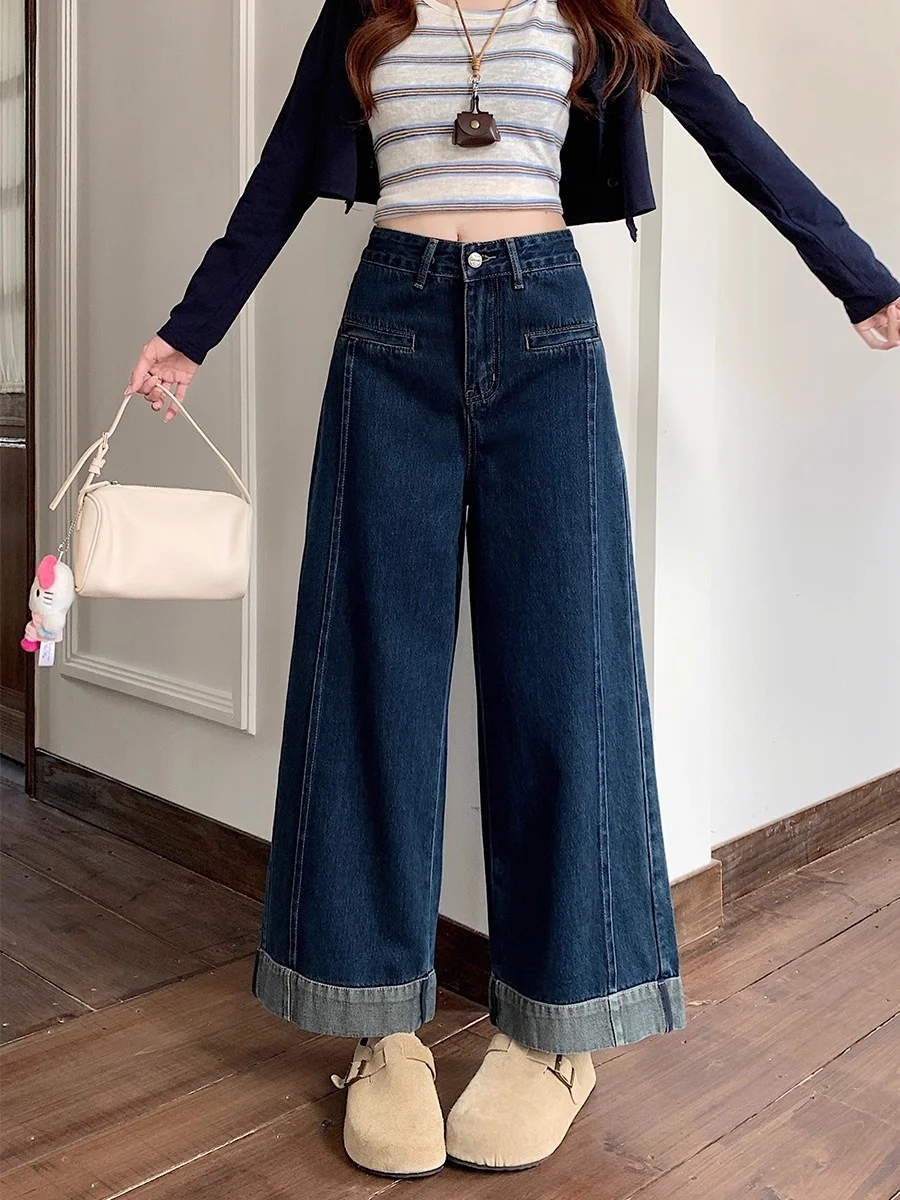 High Waist Wide Leg Blue Jeans Women's Spring Autumn Loose Fit Straight Cut Trousers Denim Fabric Casual High Quality