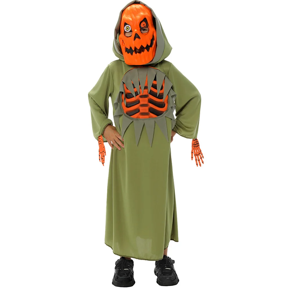 Kids Halloween Pumpkin Skeleton Mask Green Robe Outfits Children Stage Performance Costume Carnival Party Roleplay Terror Suit