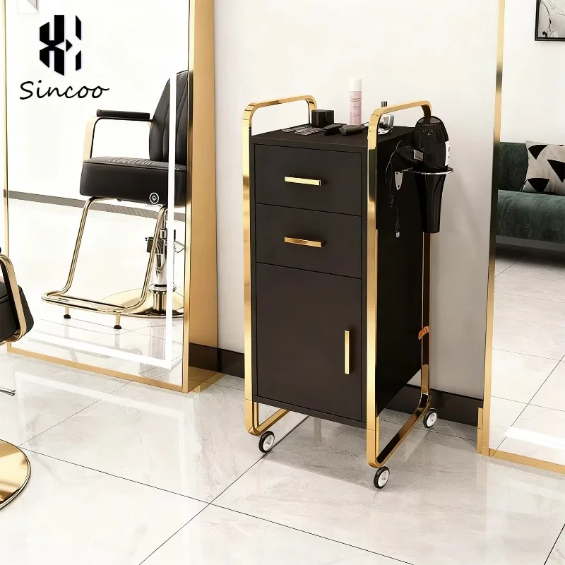 Stainless Steel Gold Salon Hairdressing Trolley with Hairdryer Stand 3 Drawers Easy to Move and Customizable