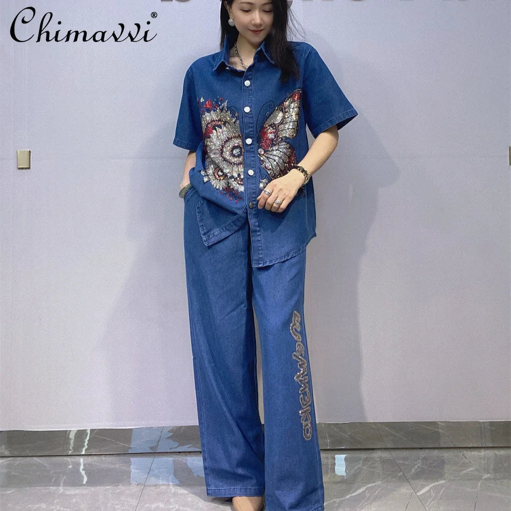 

Large Size Hot Diamond Denim Suit Summer New Fashion Short-sleeved Shirt Elastic Waist Straight Pant High Street Womens Outfits