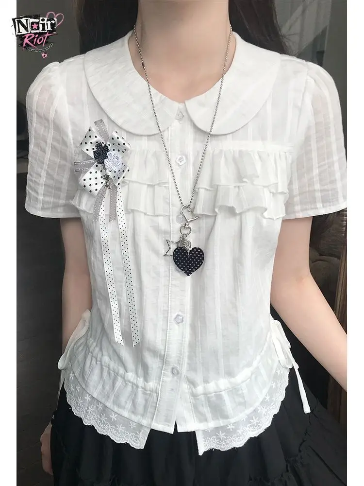 Japanese Vintage Sweet Coquette Blouse Women Puff Short Sleeve Peter Pan Collar Tops Ruffle Lace Trim Bow Slim Fit Casual Outfit