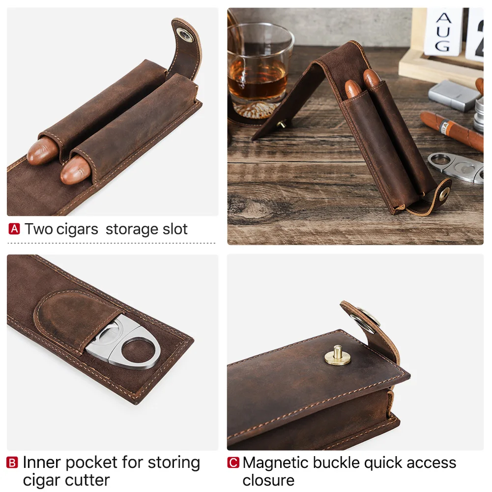 Luxury Retro Cowhide Leather 2 Slots Cigar Case Humidor Box Travel Portable Display Cutter Pouch with Megnetic Buckle Closure