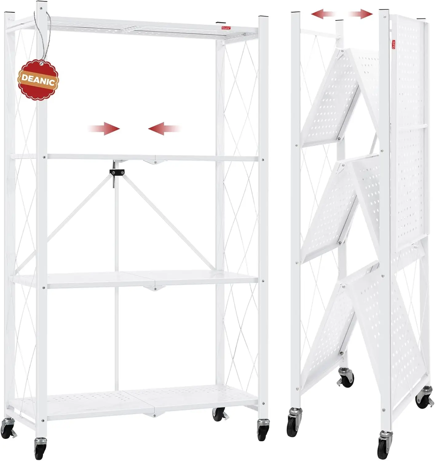 

4-Tier Foldable Storage Shelves with Wheels, Heavy Duty Metal Shelf Rack, No Assembly Needed, for Garage Kitchen Pantry, White