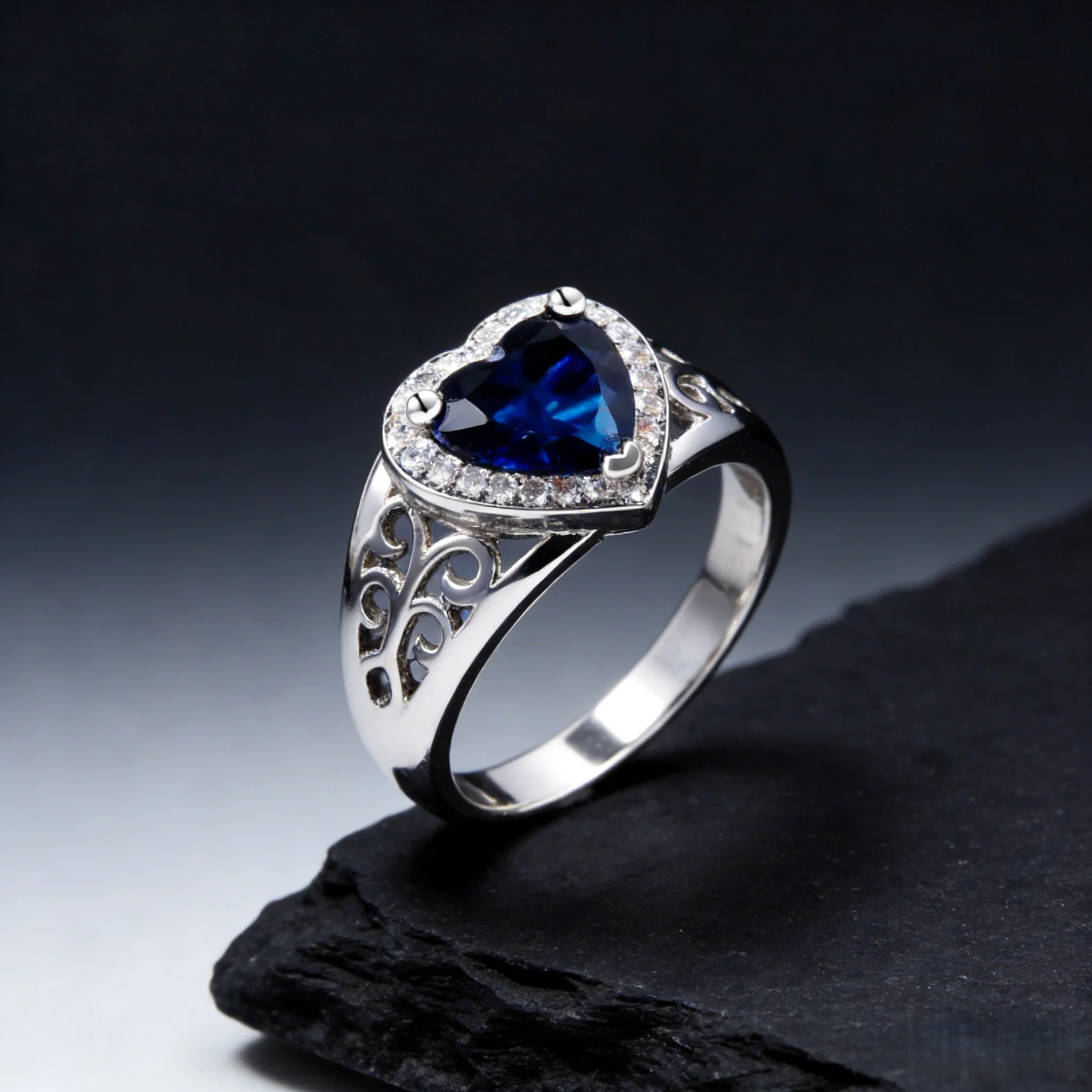 

Anniversary Heart Ring,Blue Sapphire Center with Diamond-Cut Zircon Halo in Polished Sterling Silver,Bridal Jewelry Gift for Her
