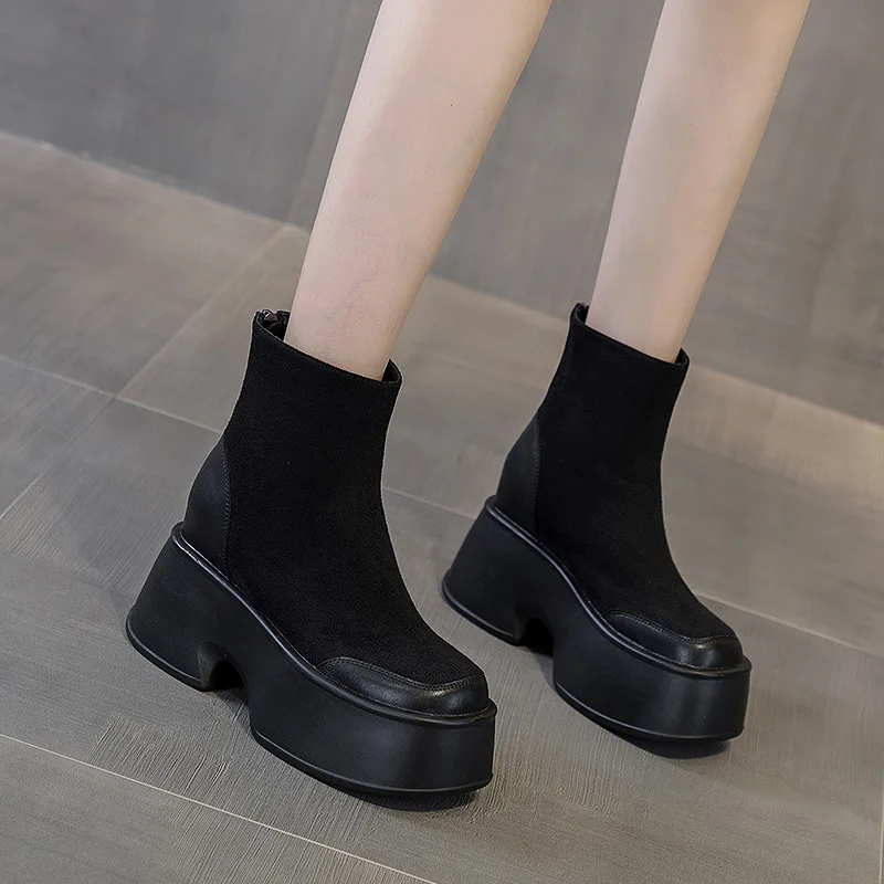 Fujin 11cm Stretch Fabric Synthetic Women Zipper Platform Wedge Fashion Spring Autumn High Brand Breathable Shoes Ankle Boots