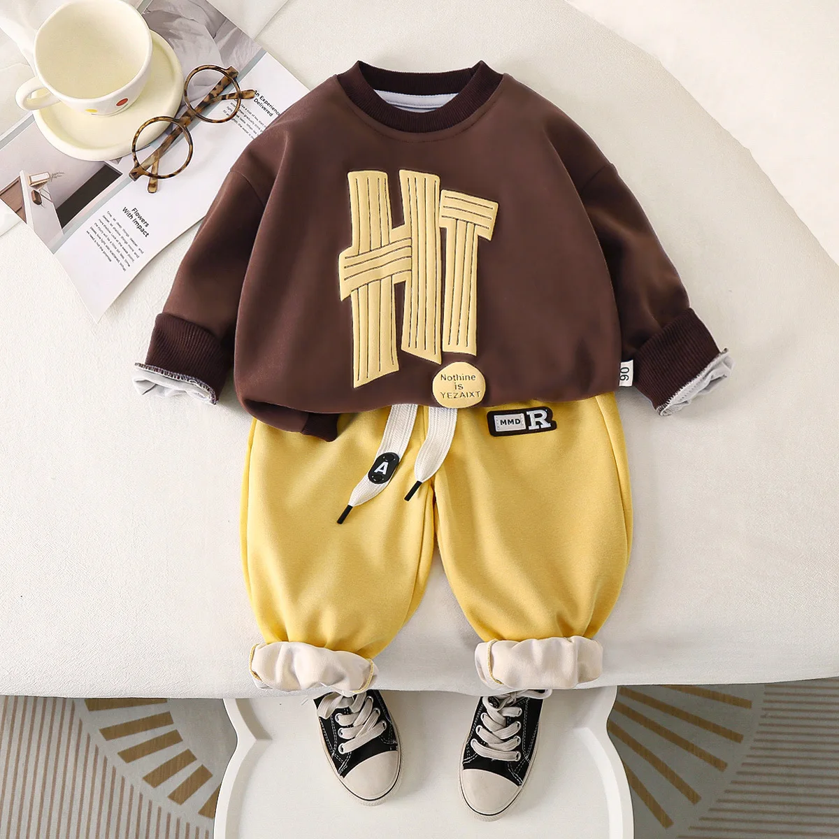 2024 Autumn Toddler Boys Two-piece Clothes Set Cotton Letter Patched Sweatshirt Tracksuits Sticker Sports Pant Baby Girl Outfits