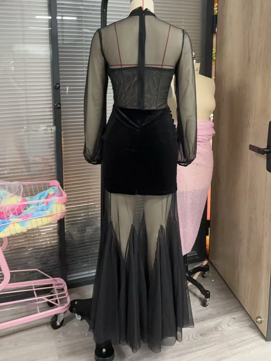 Ziml temperamento sólido sheer vestidos de emagrecimento para mulheres gola manga longa cintura alta sexy moda vestido estilo feminino novo