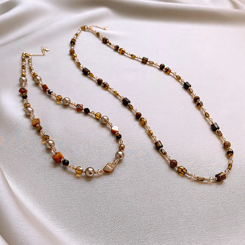 

Bohemian Tiger Eyes Stone Beads Choker Necklace for Women Vintage Imitation Pearl Crystal Chain Necklace Maillard Color Jewelry