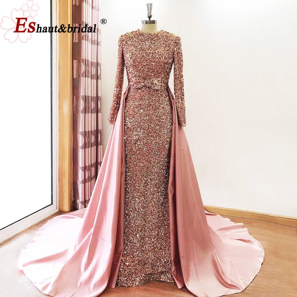 Elegant Mermaid Evening Dresses 2024 O-Neck Long Sleeves Sequin Velvet Prom Formal Party Gown with Detachable Train Customized