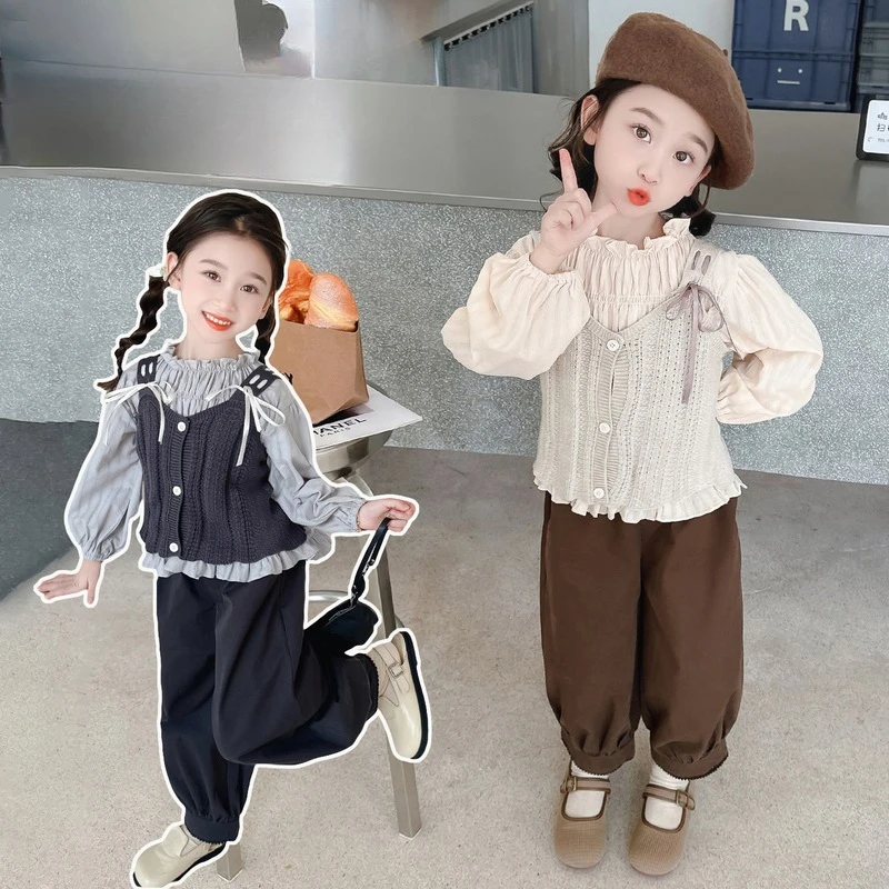 Girls Treasure French Collar Long Sleeved Shirt +Knitted Sleeveless Top+Casual Pants Three-piece Set Children Spring Autumn 2025