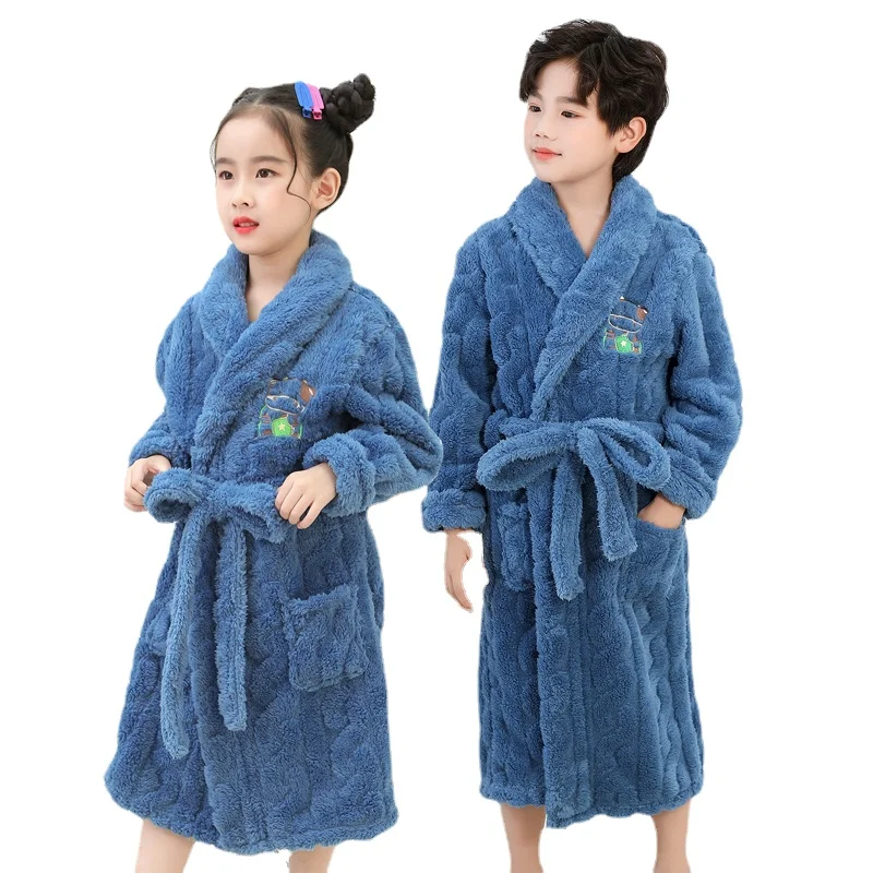 Autumn Boys Cartoon Pajamas Fashion Children Girls Thicken Flannel Nightwear Winter Warm Princess Bathroble for Kids Girls 3-15T