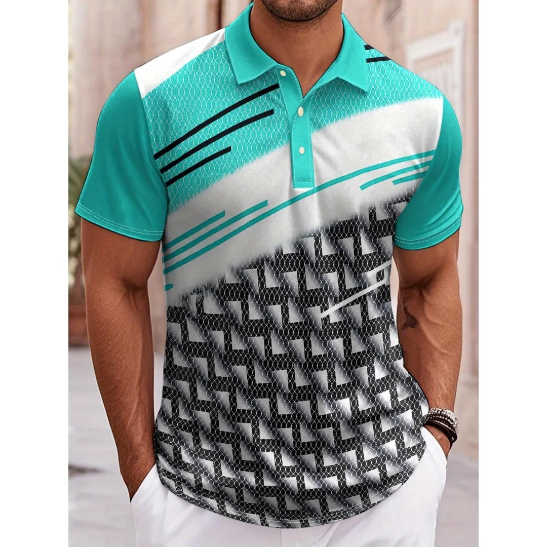 

New 3D Print Striped Men Polo Shirts Geometric Color Block Pattern Men's Clothes Polo Shirt Loose Casual Lapel Short Sleeve Tops