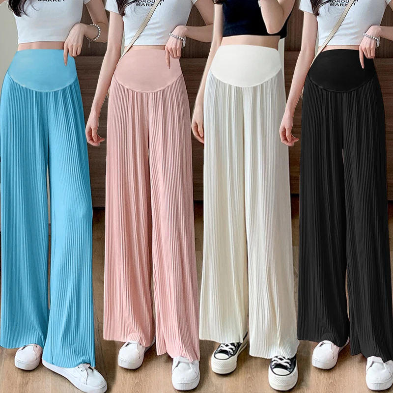 Wide Leg Loose Straight Pleated Pants for Maternity Summer Cool Breathable Belly Trousers for Pregnant Women Youth Pregnancy