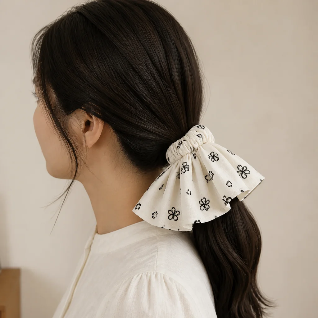 XYPP-82 Handmade Pattern Single-Layer Scrunchie Handmade Elastic Hair Tie for Ponytail and Bun, Soft Gathered Hair