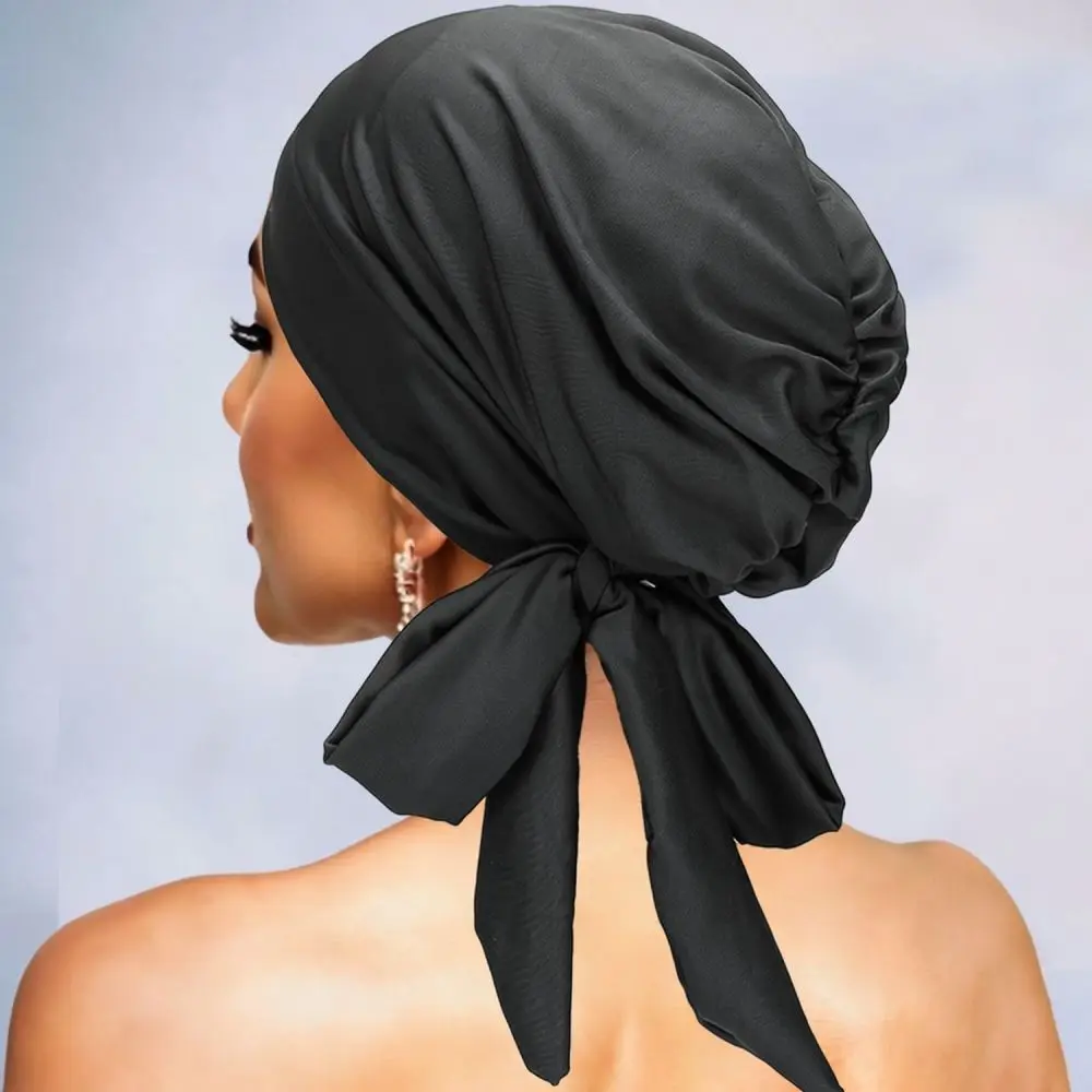 For Musily Women Elastic Turban Hat Long Tail Bowknot Headwrap Breathable Soft Polyester Comfortable Chemo Beanie Cap