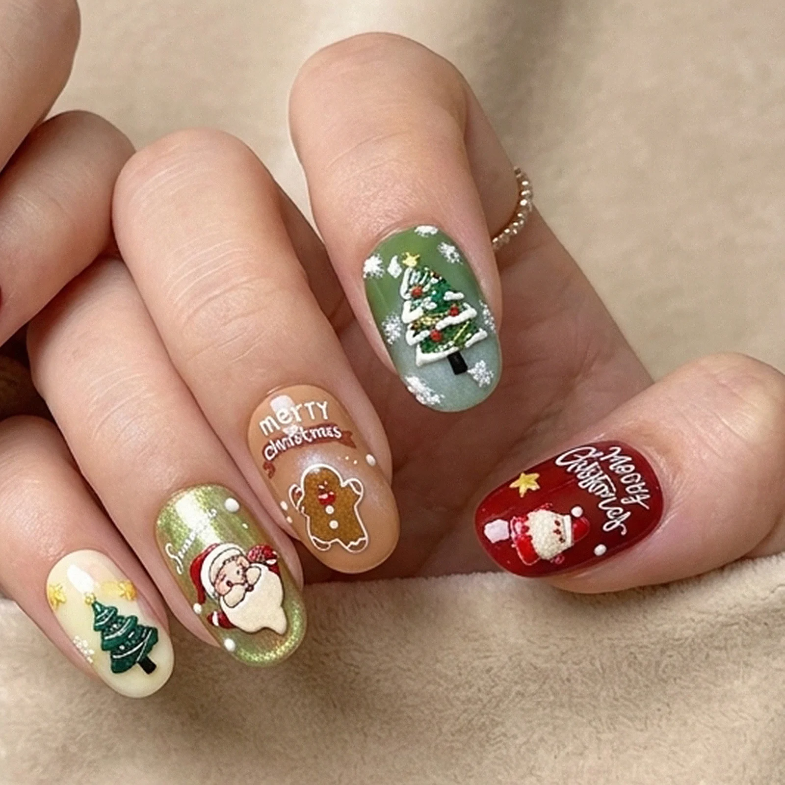 30Pcs Short Round Christmas Nails Press on Elk/Gingerbread Man/Xmas Tree Design Fake Nails for Women Girls Holiday Party