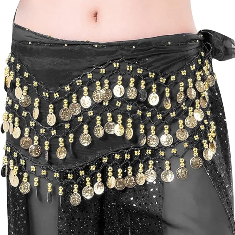1PC 밸리 댄스 3 행 벨트 골드 톤 동전 벨트 여성 140cm 스팽글 Tassels 쉬폰 엉덩이 스카프 액세서리 Bellydance 벨트