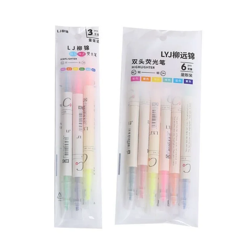 6 Pcs/Set Highlighter Pen Color Markers Double Ends Pastel Fluorescent Set Kawaii Pens Cute Stationary School Office Supplies