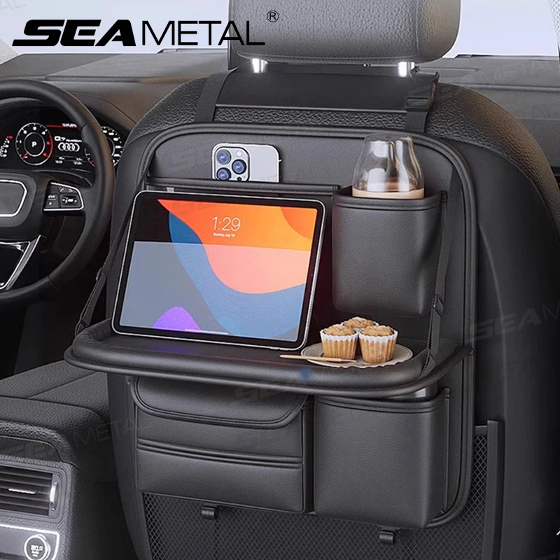 SEAMETAL Car Seat Back Storage Bag Large Capacity Multi-Pocket Backseat Organizer Foldable Dining Table Tablet Tray Hanging Bag