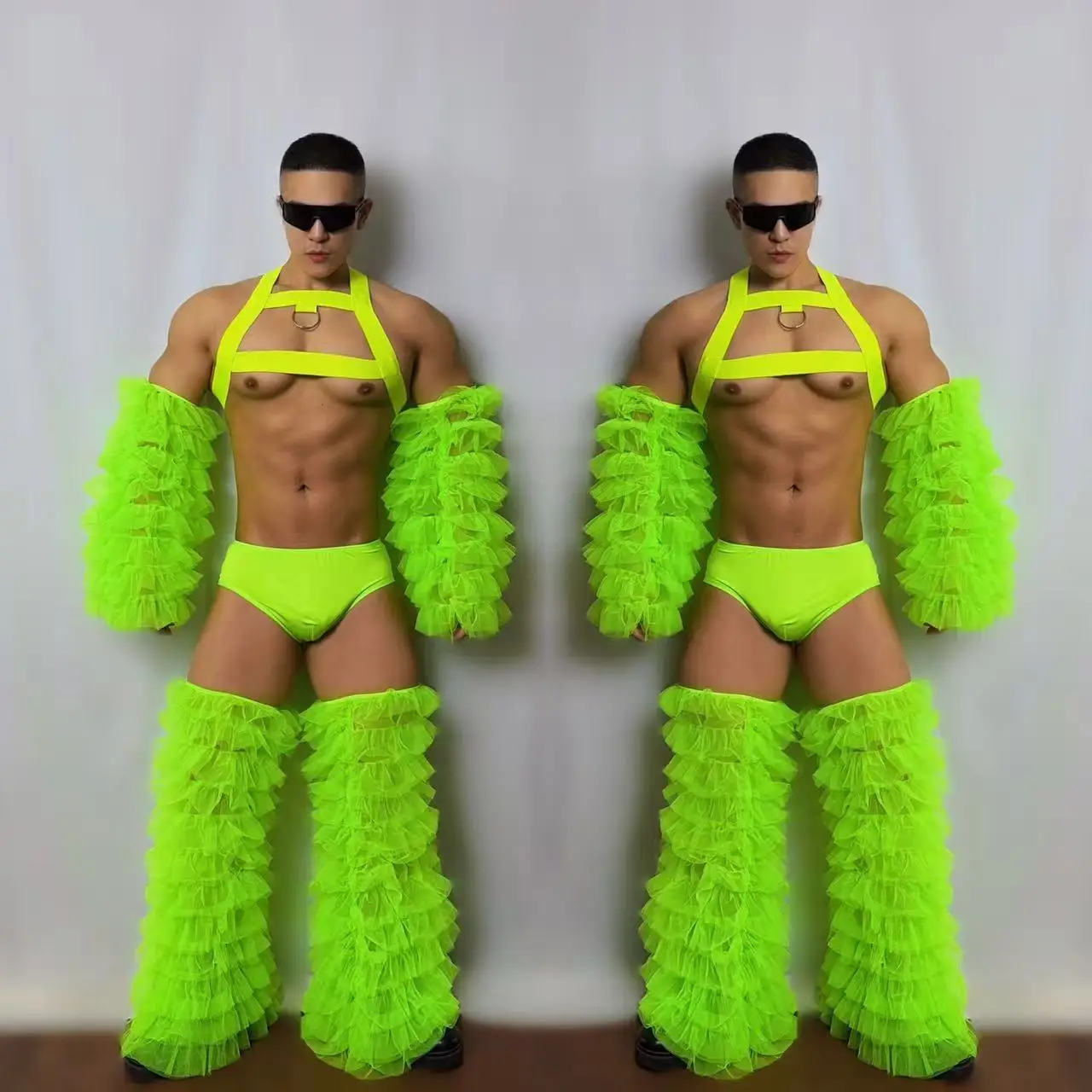 Fluorescent Green Gauze 4 Piece Set Festival Party Carnival Show Rave Outfit Nightclub DJ Dancer Group Performance Stage Costume