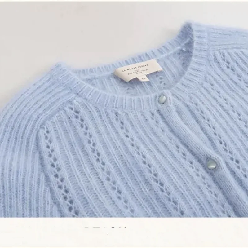 YBZFACAI Spring Fall Fashion Mohair Blue Thin Sweater Sweet Cardigan Women O-neck Soft Knit Hollow Lantern Loose Sleeve Jacket