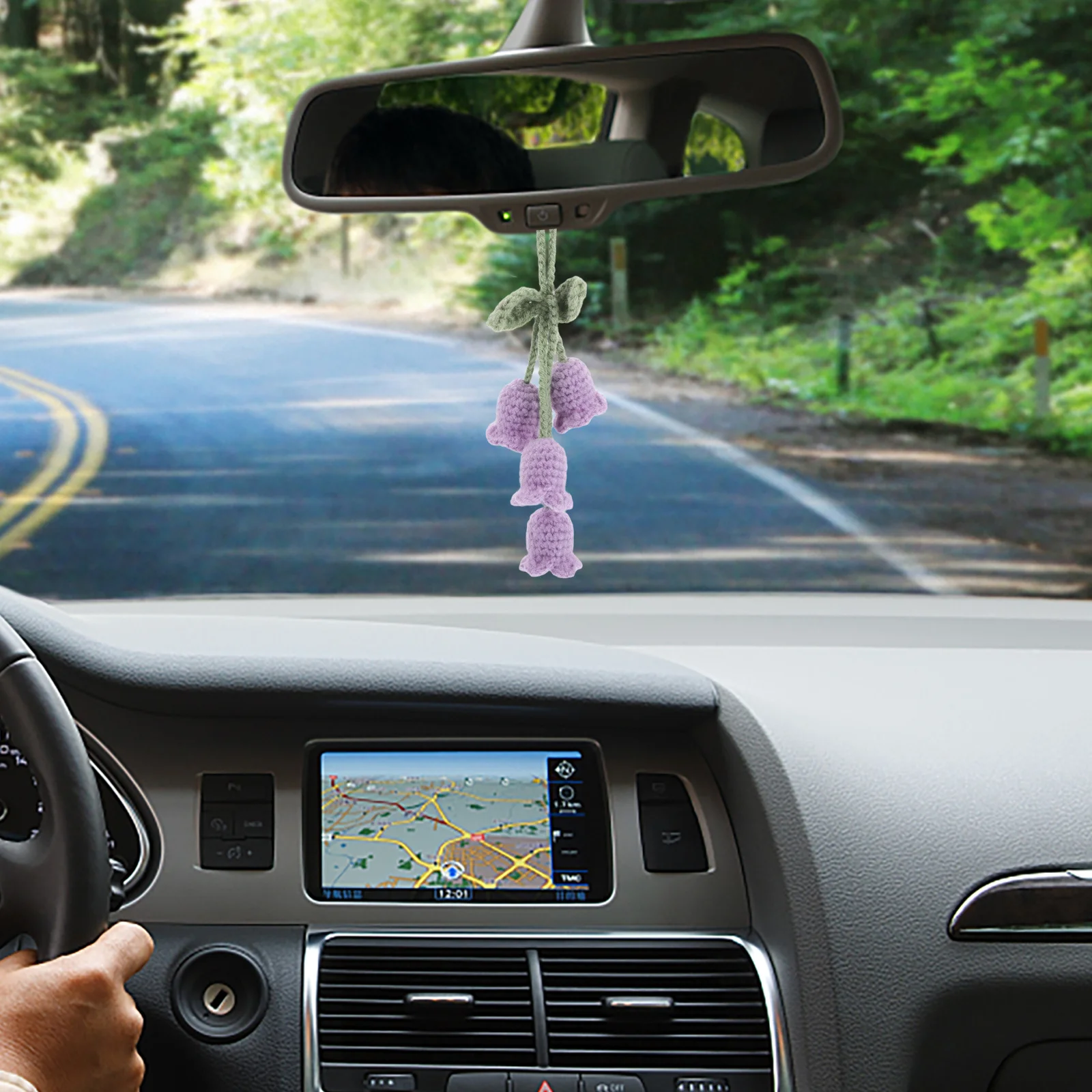 

Cute Crochet Plant Accessories Aesthetic Decor Rearview Mirror Ornament Handmade Interior Purple Flower Keychain Woven Potted