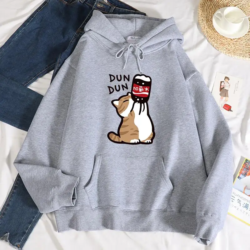 Dun Dun Salary Increase Funny Cat Printing Hoodies Womens Autumn Oversize Hoodie Simple Fleece Sweatshirts Street S-Xxl Hoody