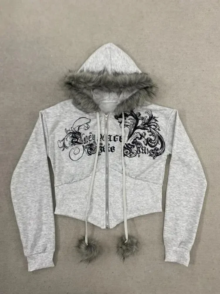 

Готическая модная повседневная толстовка на молнии с поясом для похудения, американский ретро уличный меховой воротник, лоскутный кардиган, толстовка с капюшоном