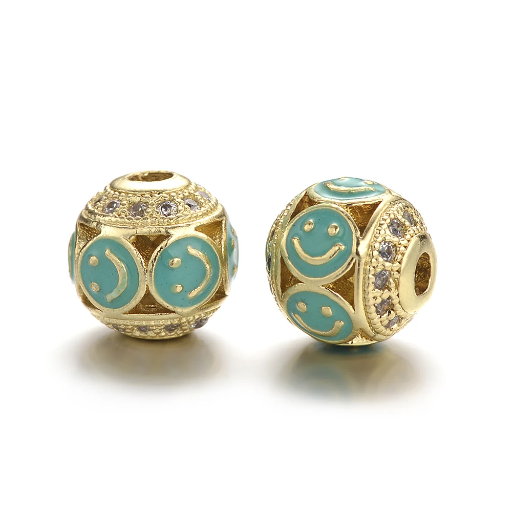 Wholesale CZ Micro Pave Enameled Smiling Face Brass Ball Beads Diy Loose Bead Jewelry Handmade Accessories 10 MM  Beads Bracelet