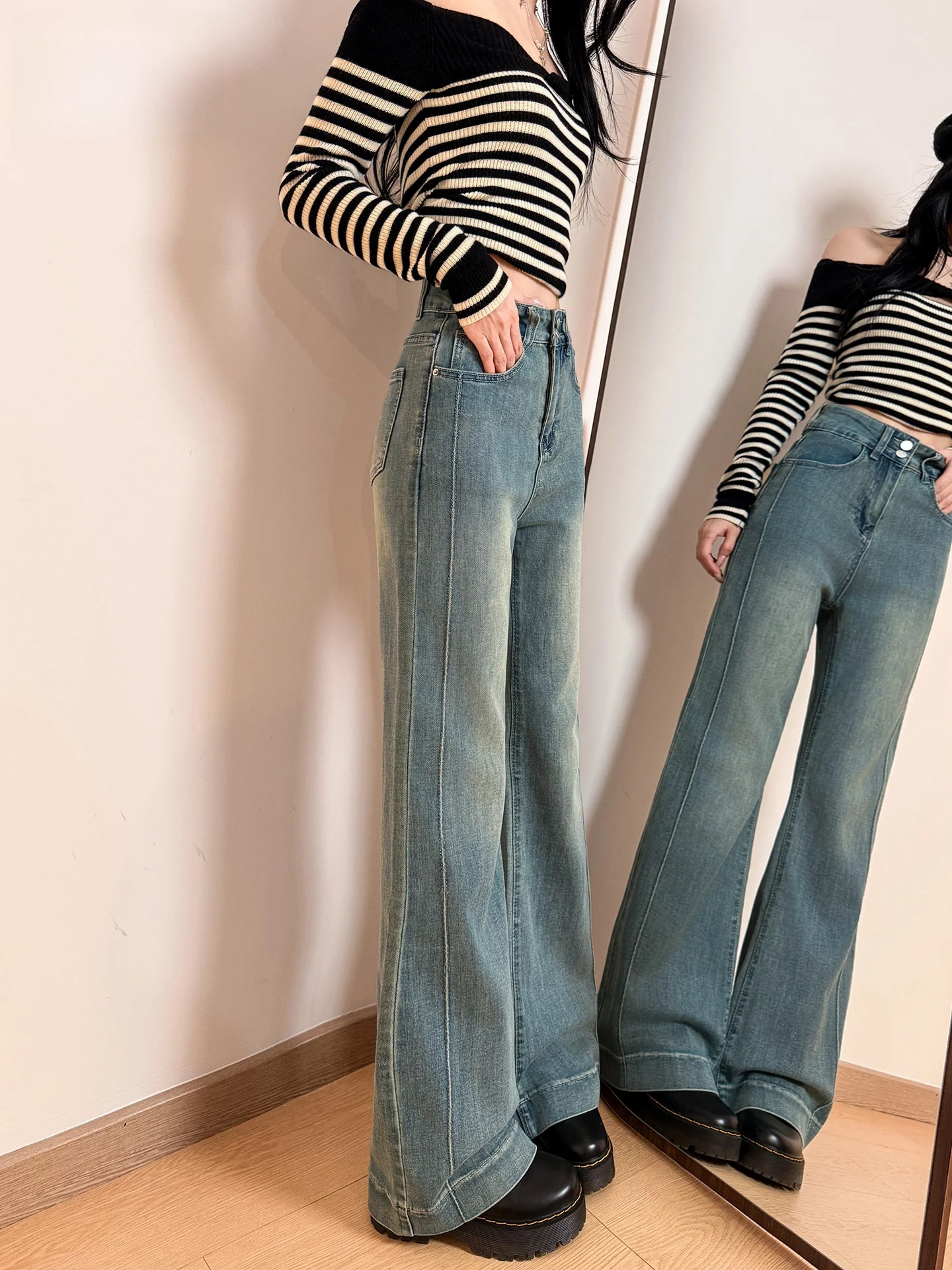 

Джинсы-клеш с высокой талией в американском стиле, женские, облегающие, эластичные, повседневные, из денима, весна-лето, новинка, светлые цвета