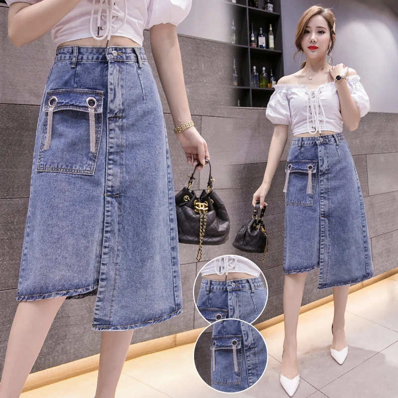 Women High Waist Irregular Split Tassel Washed Denim Skirts Spring Chic Elegant Casual Mid-length Skirt with Pockets Harajuku