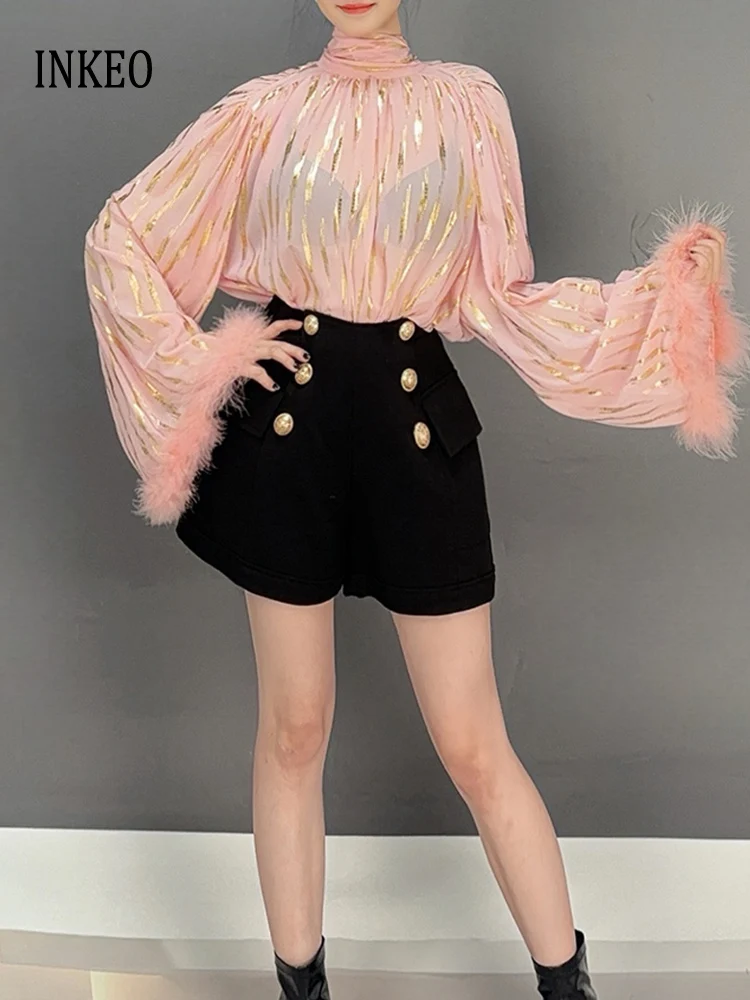 

Дизайнерская сексуальная рубашка с позолоченным принтом для женщин, весна 202, галстук-бабочка, блузка с длинными рукавами и перьями, уличная одежда большого размера, топы INKEO 5T002