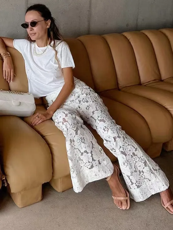High Waist Flared Pants Jacquard Lace See-tough Commute Sle Long Trousers Women's Casual Faion Spring Collection