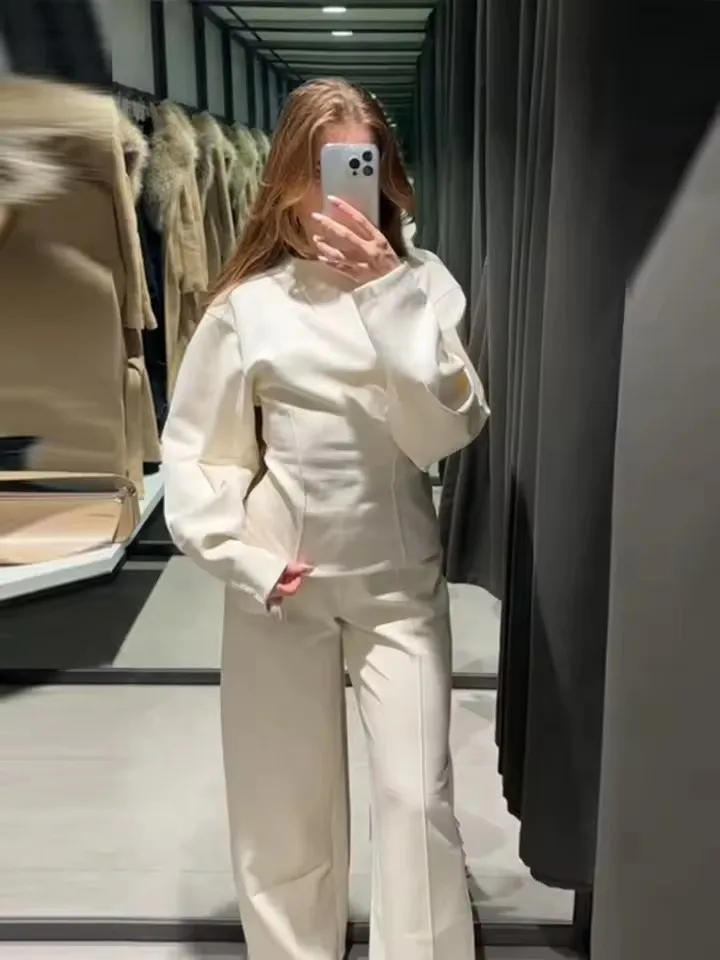Casual Solid Pants Set 2 Piece Women Homewear O-neck Long Sleeve Pullover Wide Leg Trouser Ensemble Female Matching Sets Pijamas