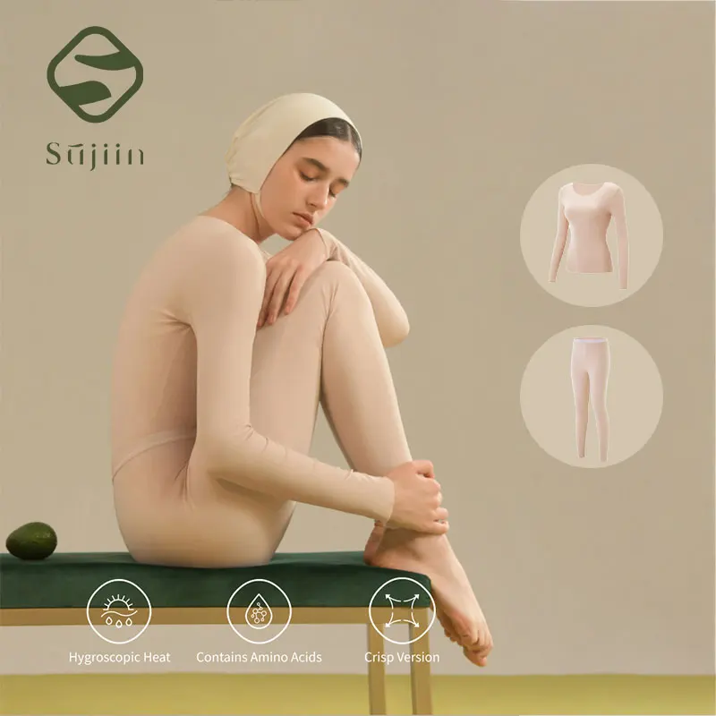 Sujiin conjunto de roupa interior térmica feminina inverno em torno do pescoço térmica topos senhoras longo johns anti-estático duas peças conjuntos