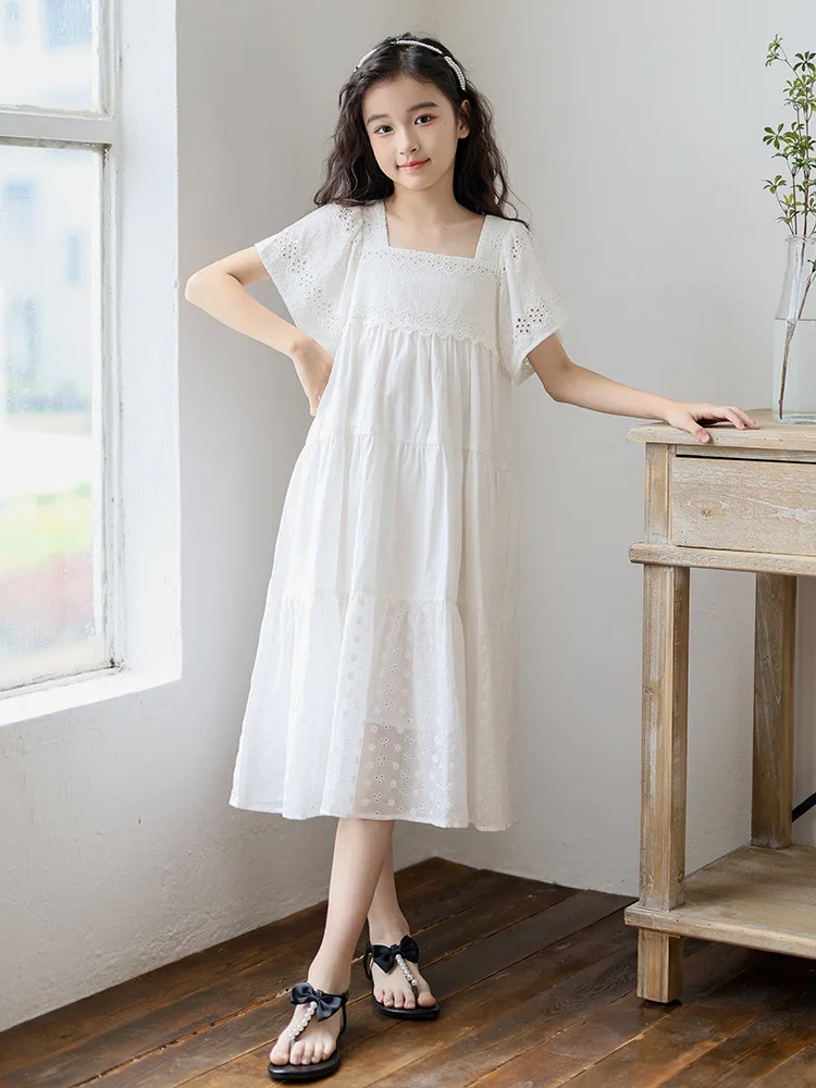 

Flare Sleeve Solid White Summer Dresses For Girls 2024 Hollow Out Party Wedding Child Dress Midi Long Length Clothes With Lining