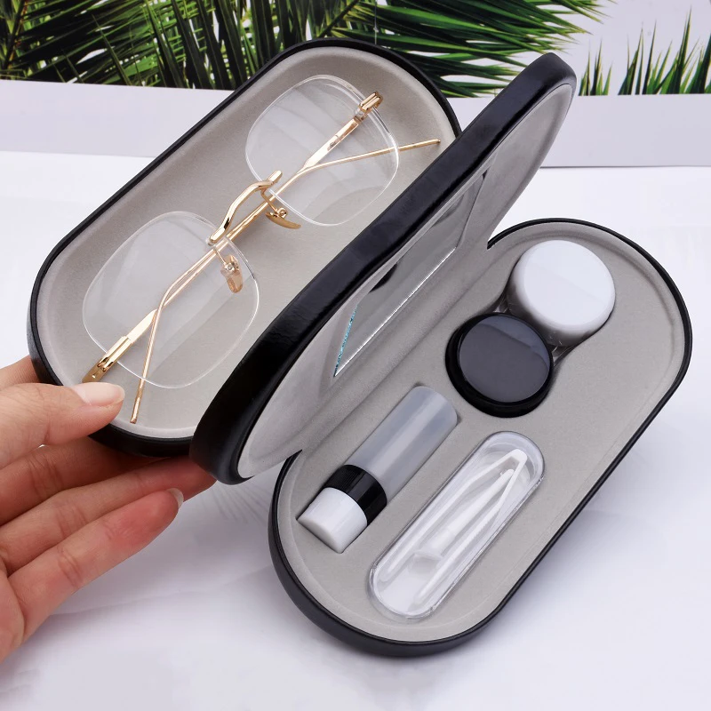 Compression-Resistant Dual-Purpose Double-Layer Contact Lens Case, Wood Grain Foldable Fashion Eyeglass Frame Lens Case