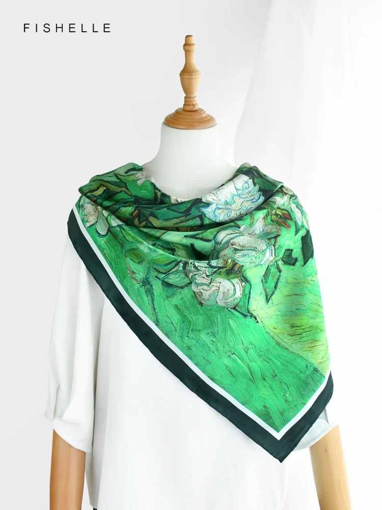 Green oil painting with white roses printed natural silk scarves women big square bandana spring autumn hijab real silk shawl