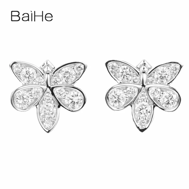 BAIHE Solid 14K White Gold 0.68ct H/SI Natural Diamond Butterfly Stud Earrings Women Wedding Trendy Fine Jewelry kolczyki серьги