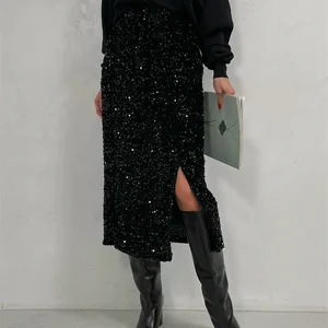 Stock Paillettenrock Silber, Midi -Röcke, Schlitz, hohe Taille, lang, Vintage, Punk, elegant, sexy, Sommer 8 Hauptverkäufe schwarzer Metallic -Rock - №3